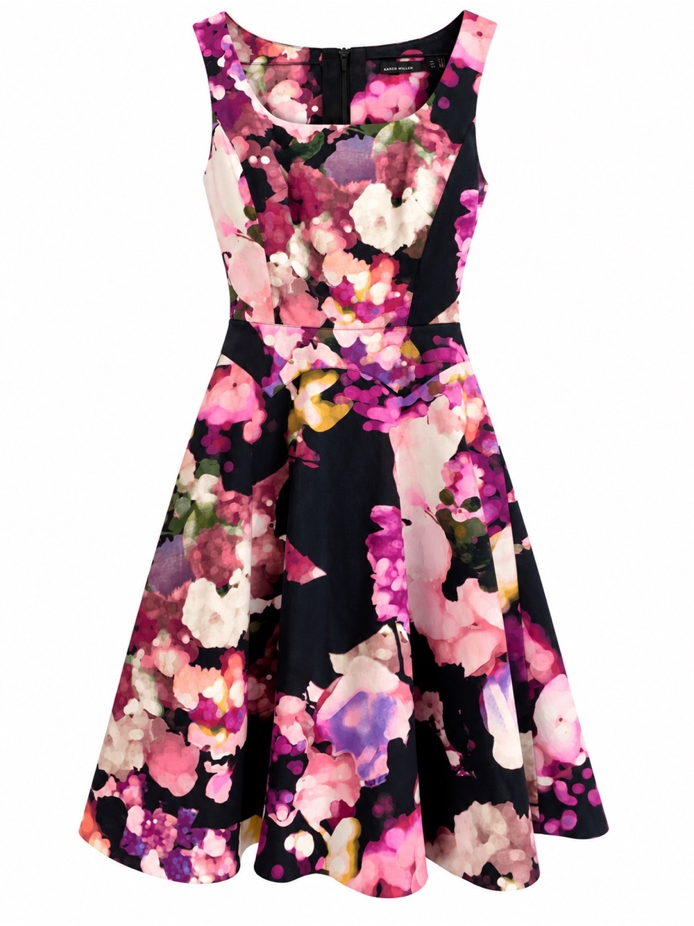 Karen Millen Black Floral Fit-and-Flare Dress with Pink Accents